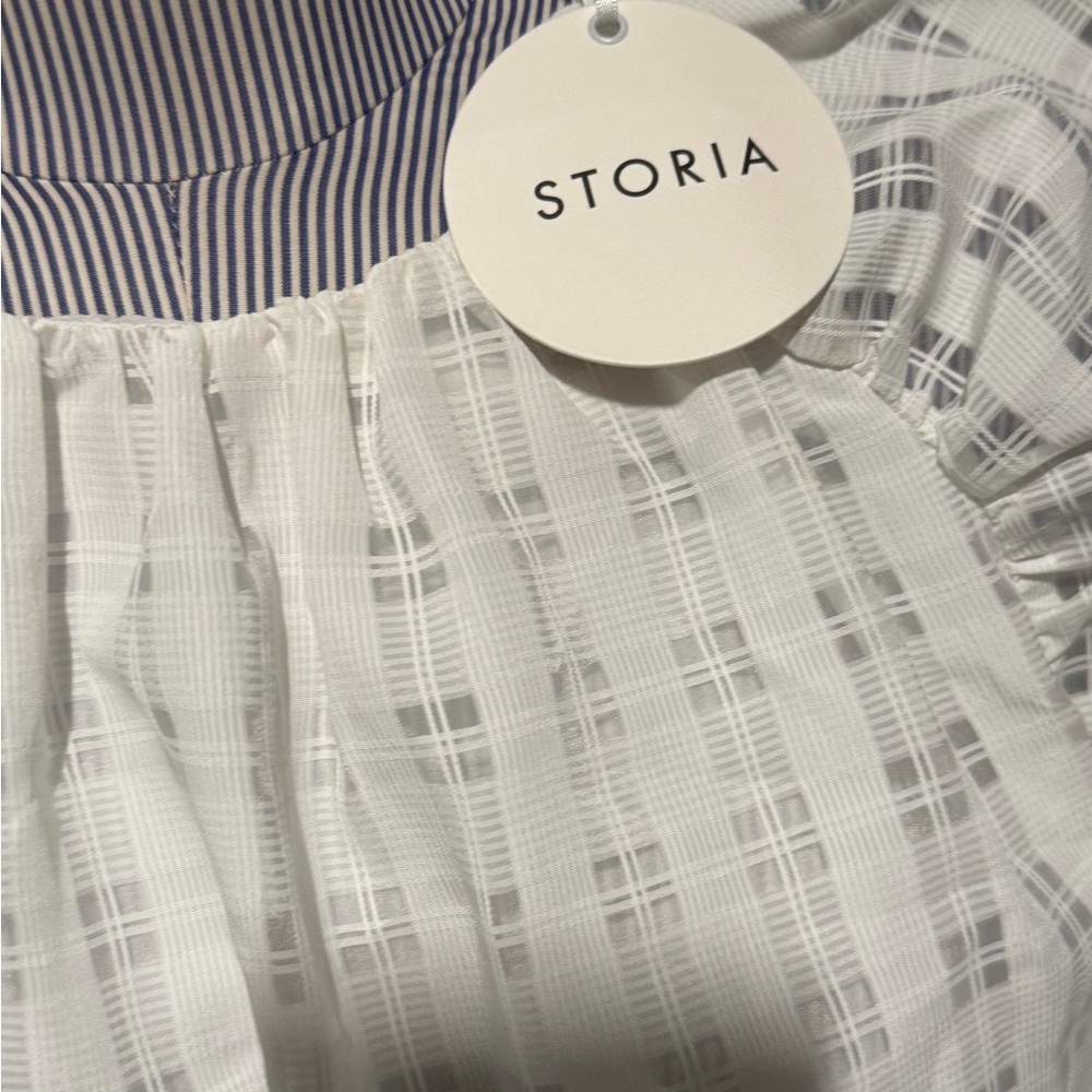 Storia Ivory Plaid Blouse Balloon Sleeve Cropped Elastic Waist. Romantic! - Picture 4 of 4